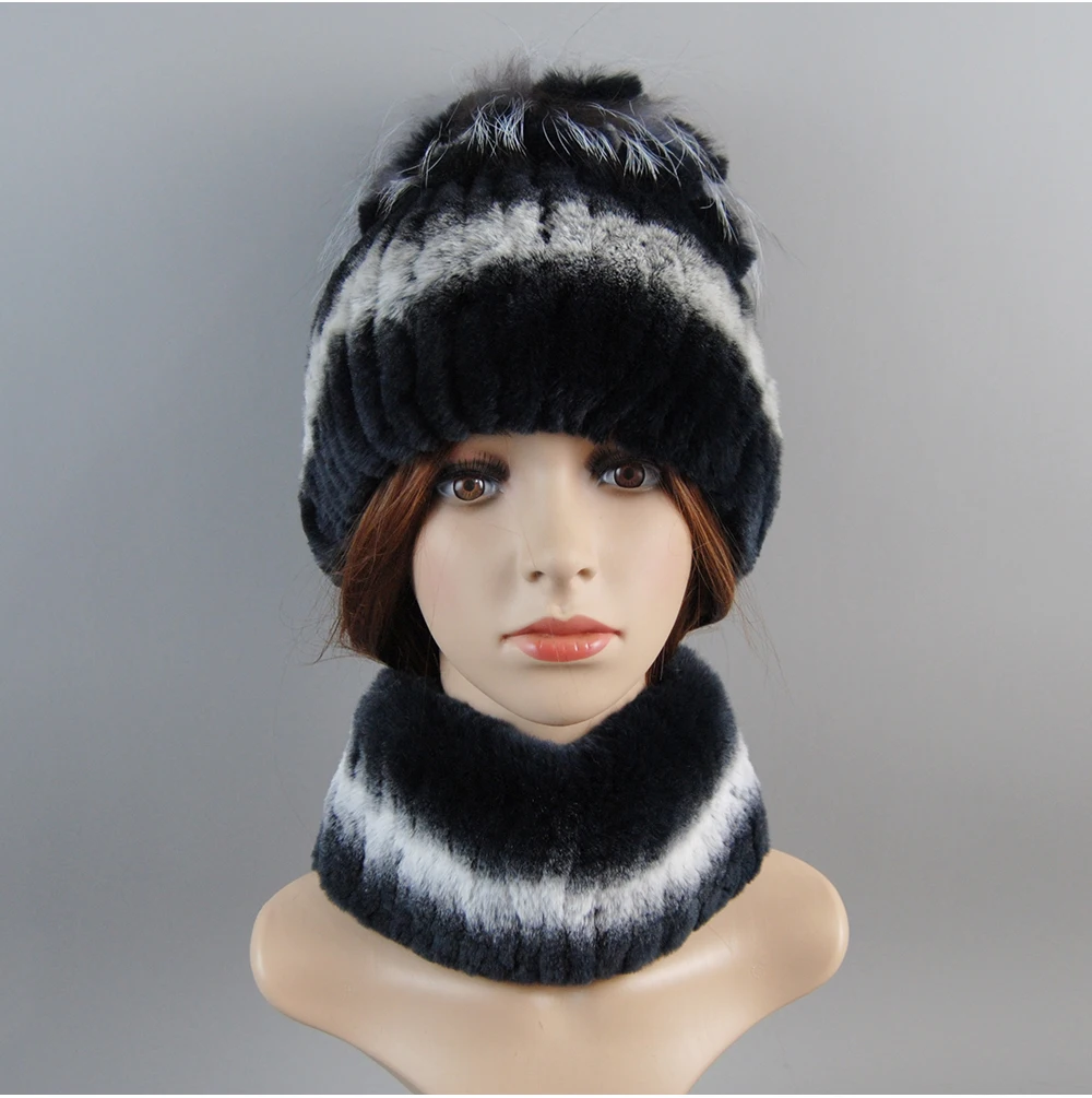Real Rex Rabbit Fur Hat And Scarf Set Women Winter Knitted Beanie Hat Natural Fur Skullies Beanies Woman Hat Female Cap Elastic