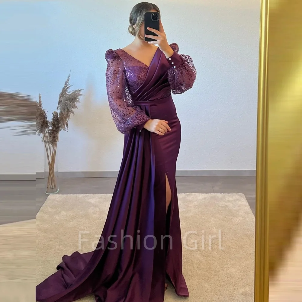 

Purple V-Neck Prom Gown Puffy Sleeves A-Line Satin High Split Sequined Occasion Dress Robe Women Ruched Evening Party Dress