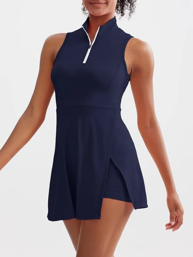 New Tennis Dresses, Fashionable Golf Sports Women's Fitness Dresses with Built-in Shorts and Bra Pockets for Outdoor Sports