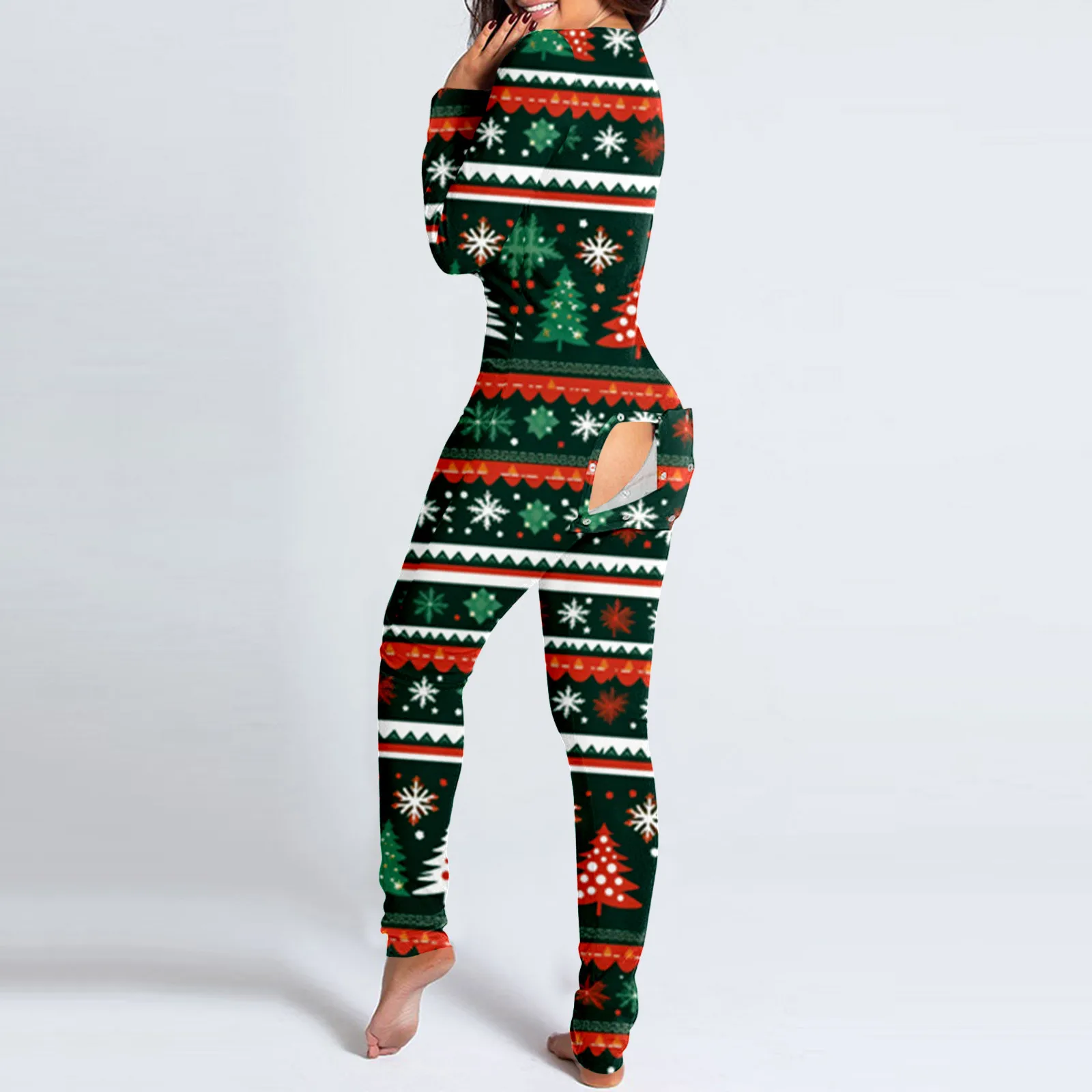 

Christmas Jumpsuit Functional Buttoned Flap Pyjamas Women Snowflake Print V Neck Long Sleeve Sleepwear Club Pajamas Loungewear