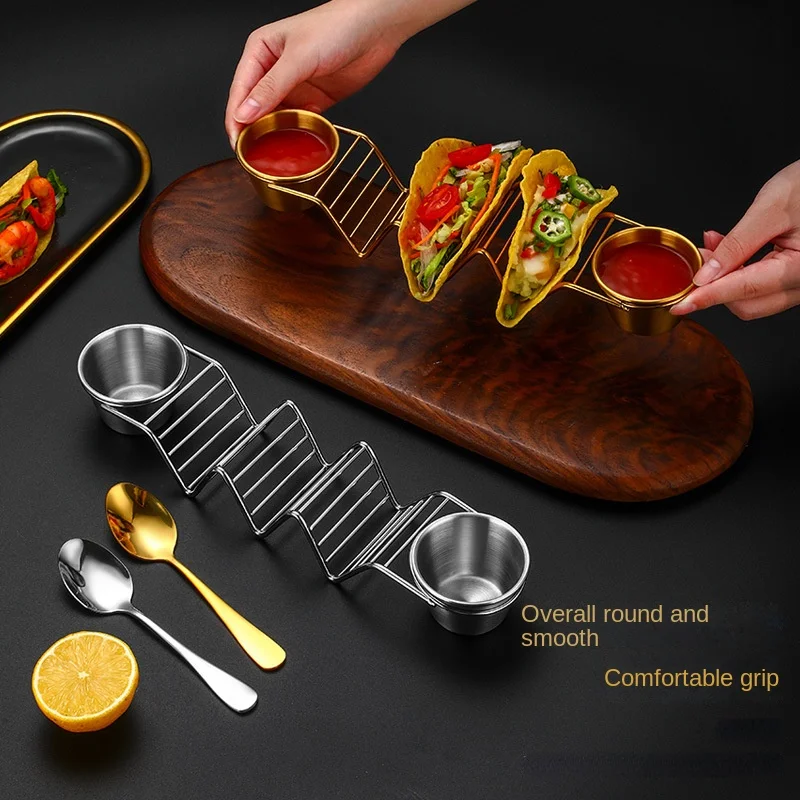 High quality Black Food display rack Pizza stands Stainless Steel Stand Mexico Taco Holder with 2 pcs Sauce Cup &1 dessert spoon