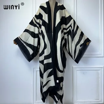 WINYI kimono Zebra print cardigan abaya dubai luxury Elegant beach outfits long coat women sexy cotton feeling dress kaftan 1