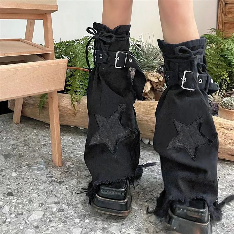 

Fall Summer Gothic Harajuku Leg Warmers Women Star Pattern Drawstring Buckle Denim Boot Cuffs Streetwear