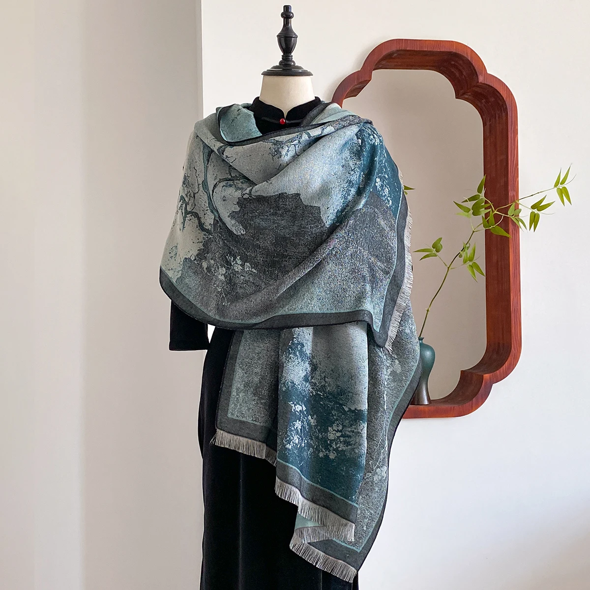 New Chinese Style Landscape Painting Women Scarf Soft Warm Pashmina Shawl Winter Outdoor Coldproof Windproof Blanket Wrap Scarf