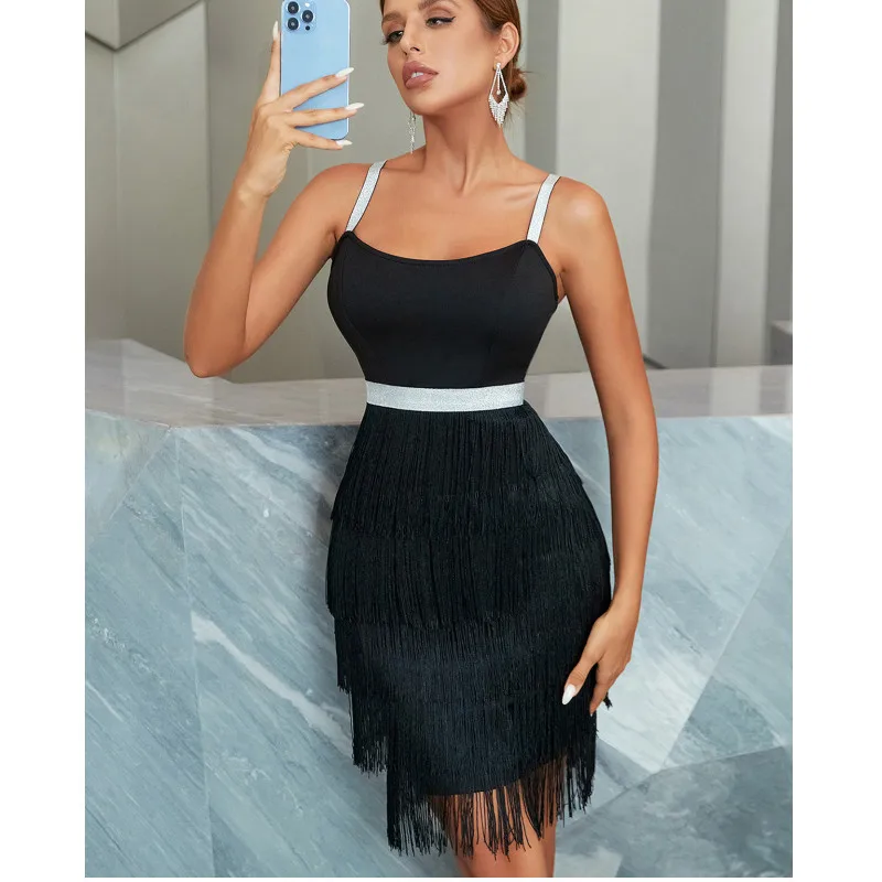 

Summer Women Mini Dress Fashion Backless V Spaghetti Strap Slim Bandage Dress Rayon Tassel Celebrity Evening Party Dress