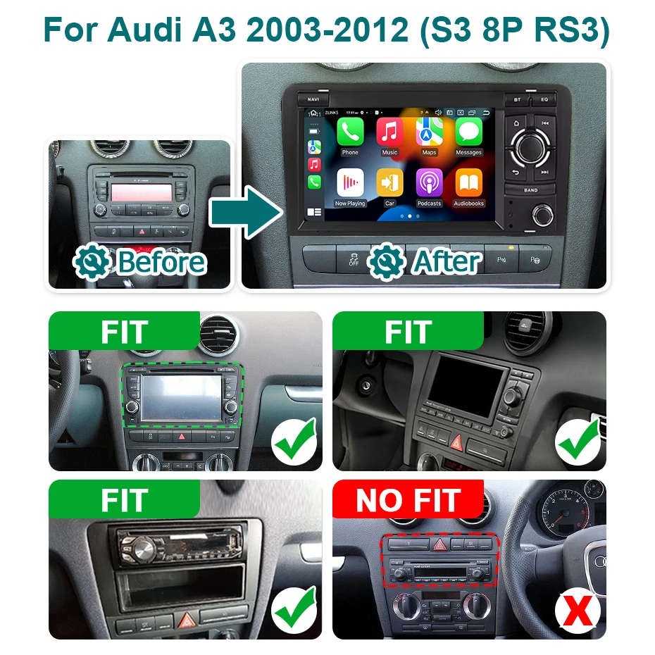 Radio para Auto con Pantalla de 7 Pulgadas, Android 15, Carplay, Estéreo para Audi A3 S3 8P 3 Puertas Hatchback RS3 Sportback 2003-2012, Bluetooth, Navegación BT 2