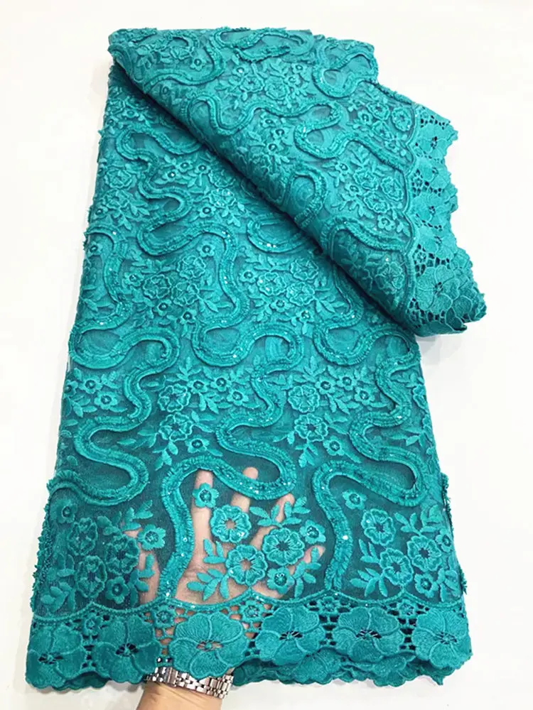 

NDPN123 Teal Green African Net Lace Fabric with Sequins,Top Quality Embroidered Guipure Cord Lace for Party/Wedding Dress