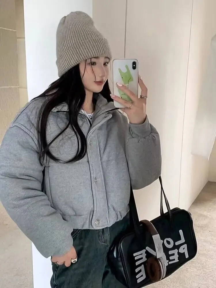 Korean Style High-end Short Gray Cotton Parkas Loose  Warm Thickened Stand Collar Outwear 2023 New Winter Coat Women 2