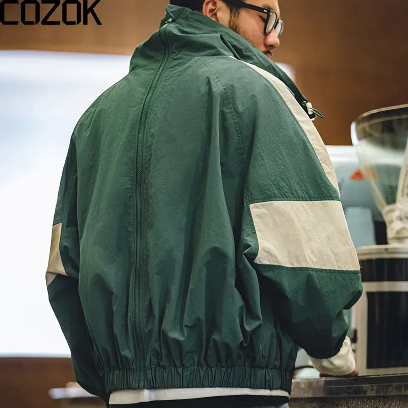 American Vintage Windbreaker Jackets Men Patchwork Removable double Zpper  Casual Jacket Spring Letter Short Bomber Jacket 2023