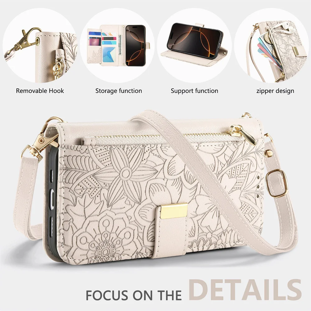 PU Leather Zipper Crossbody Wrist Strap Flip Wallet Card Slot Phone Case Cover