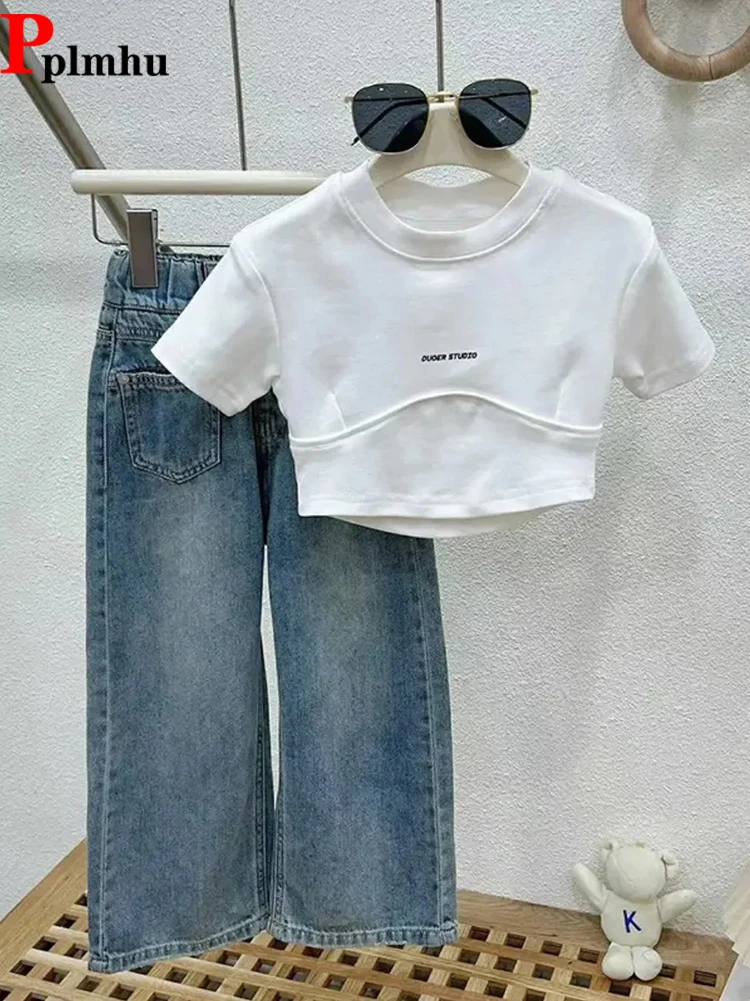 

Fashion Girls Summer Conjuntos Cropped Basic Kids T-shirts And Children's Baggy Straight Jeans Korean Casual 2 Piece Sets