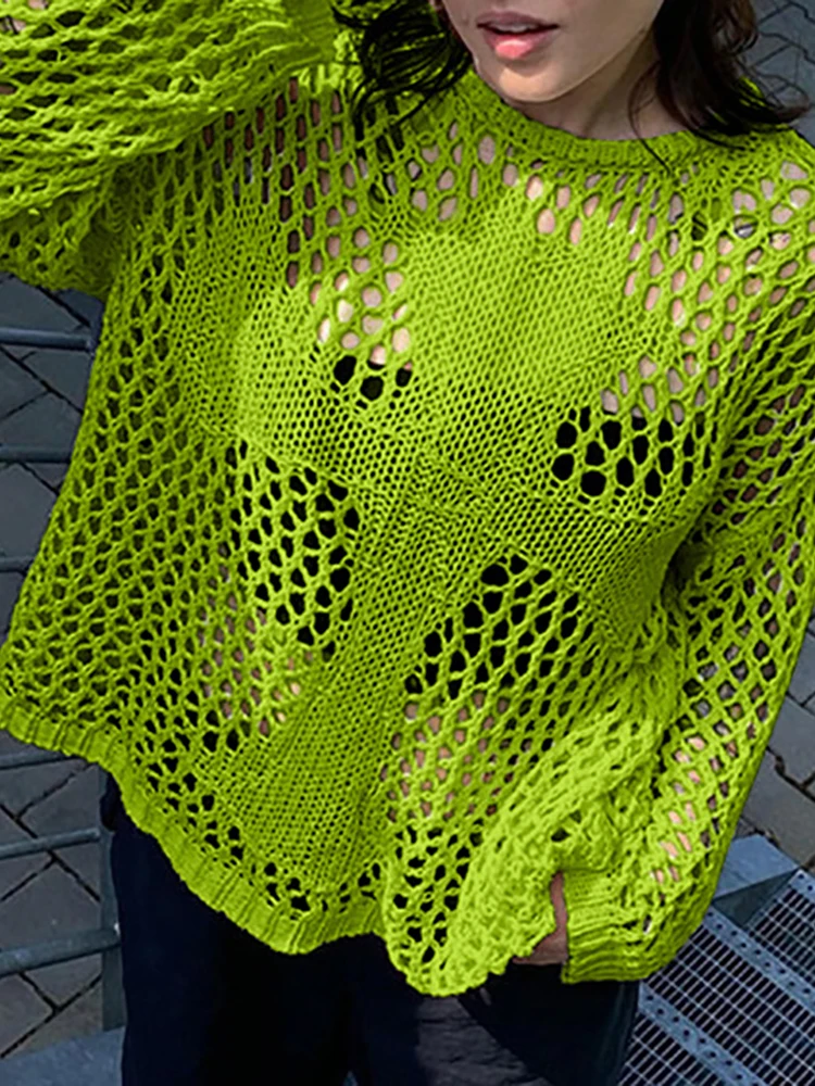 

Hollow Out Women Spring Summer Tops Solid Loungewear See Through Sexy Loose Fit Knitting Ladies Blouses Streetwear