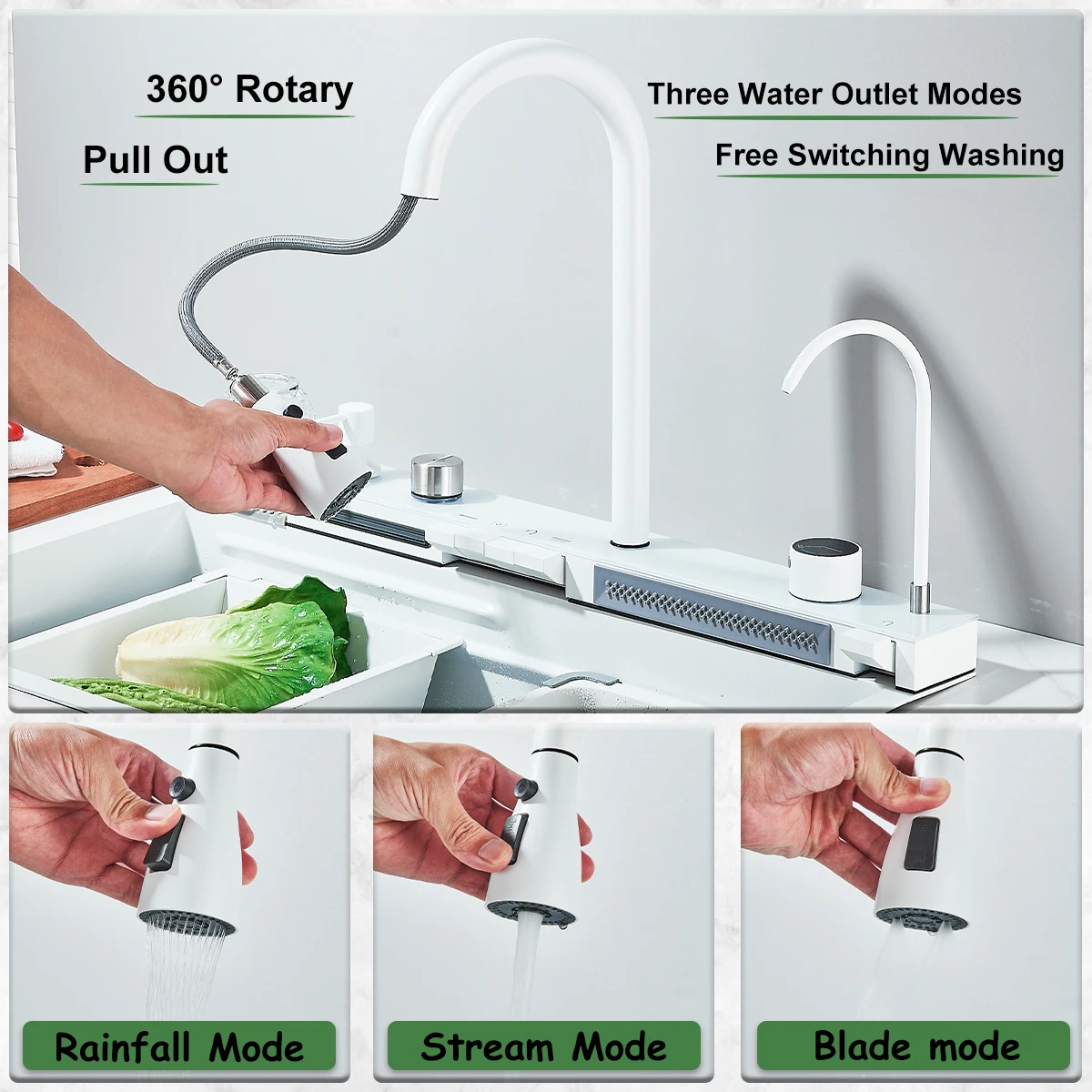 White Nano Stainless Steel Kitchen Sink Double Waterfall Integrated Digital Display Faucet Set Soap dispenser Cup Washer Crane 3
