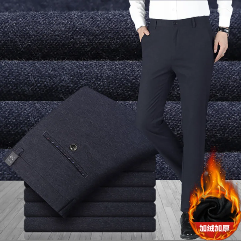 

Winter Thicker Men's Suit Trousers Black Navy Brushing No Ironing Middle-aged Men Trousers Casual Full-length Trousers Plus Size