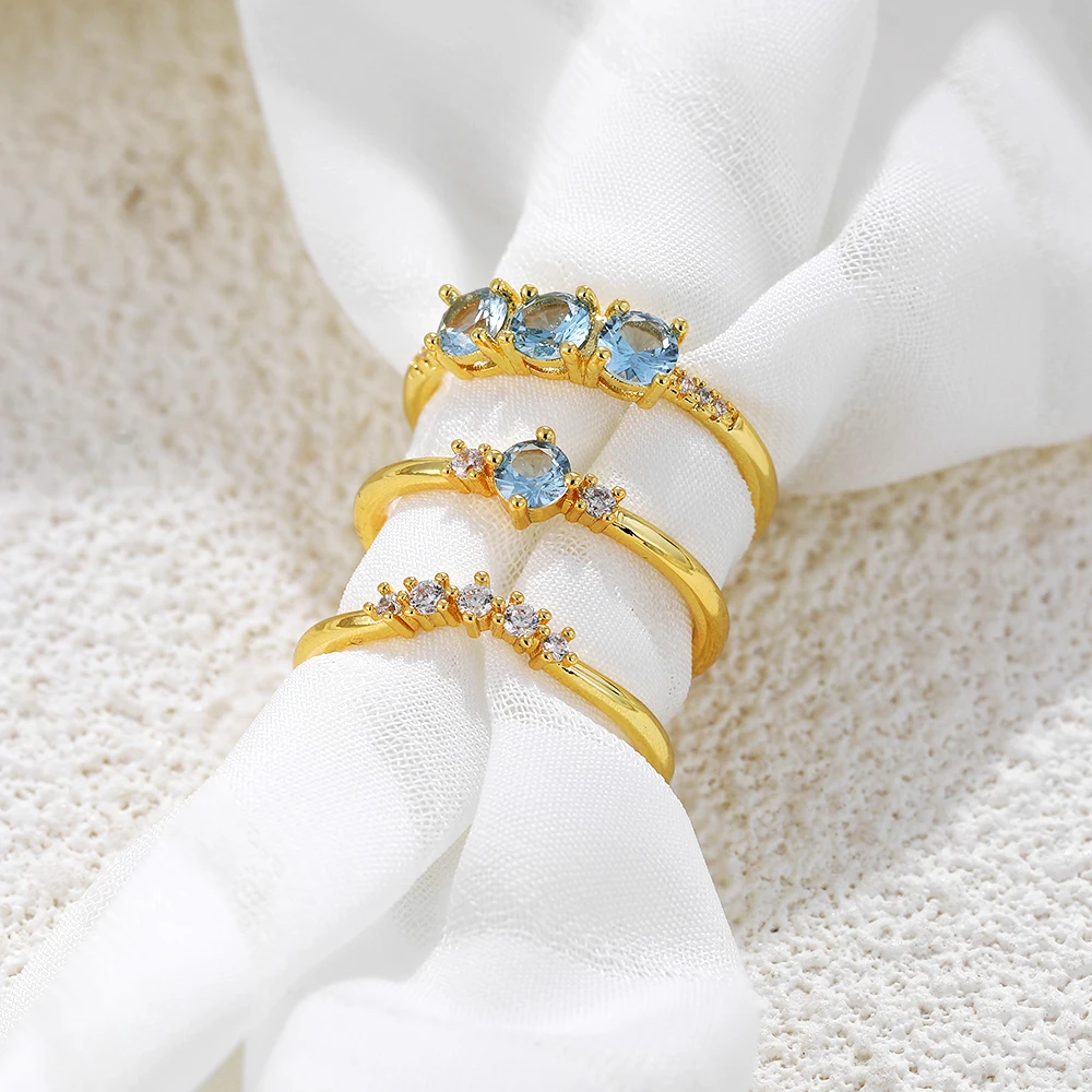 3pair/set Exquisite Gold Plated Blue Crystal Zircon Rings Bride Wedding Jewelry Accessories Wholesale Charm Finger Ring Aneis