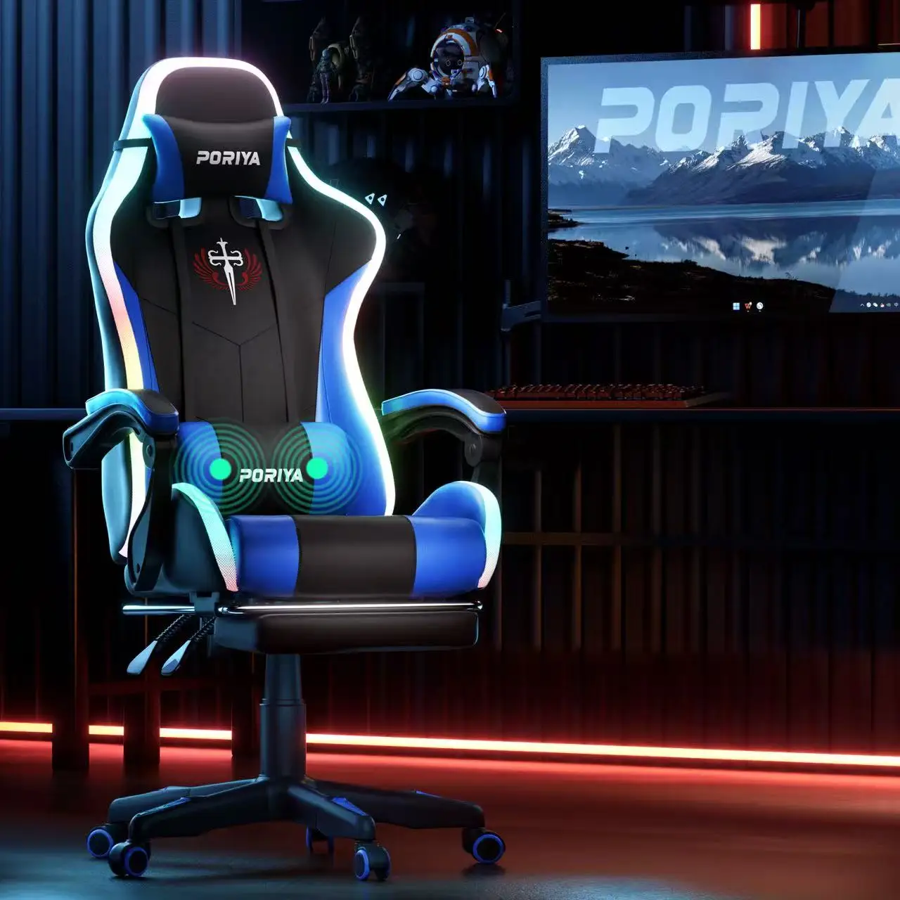 Gaming Chair Home Office Ergonomic 2-Point Massage Reclining Chair w/ LED Lights