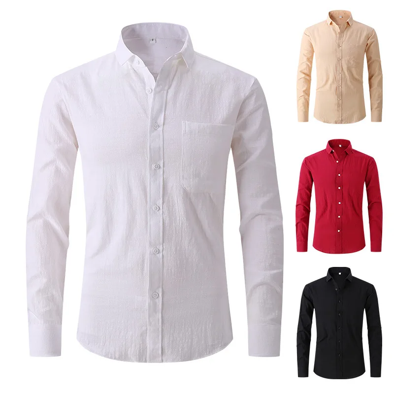 

2022 new men's imitation cotton and linen solid color long-sleeved business slim body-free formal wear