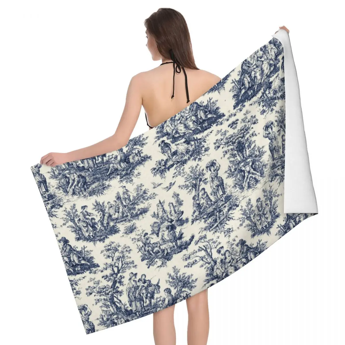 

Vintage Toile De Jouy Soft Linen Microfiber Beach Bath Towel Quick Dry Navy Blue And White Shower Sports Towels