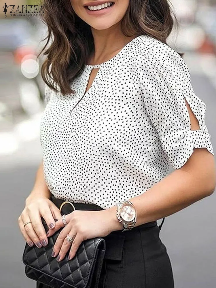 

ZANZEA Hollow Out Blusa Elegant Polka Dot Blouse Women Round Neck Short Sleeve Shirts 2023 Casual Loose Stylish OL Cuff Slit Top