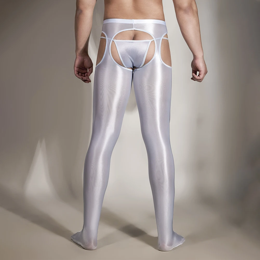 Men Sexy Pantyhose Oil Shiny Leggings See Through Glossy Stockings Open Crotch Long Pants Male Erotic Pants Transparent Tights
