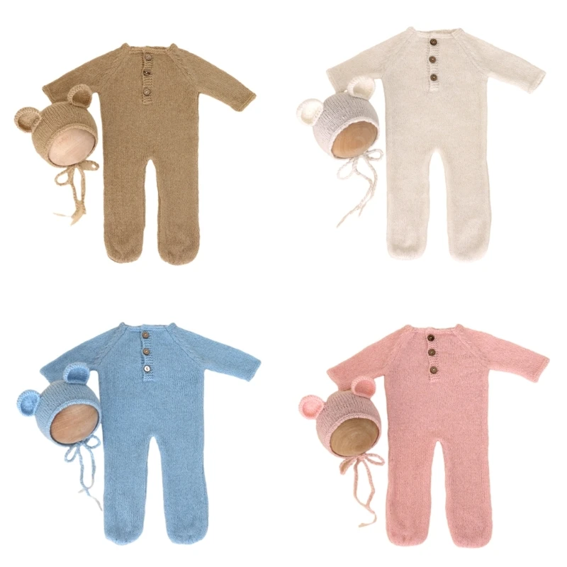 

Infant Photoshooting Props Footed Romper Bear Ear Bonnet Newborn Shower Gift