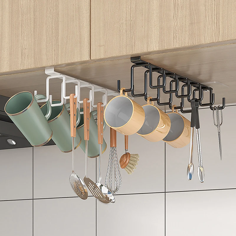 Kitchen Cupboard Under Shelf Punch-free Double-row Hooks Mug Cup Hanger Hook Iron Hanging Rack Holder Kitchen Cabinet Organizer
