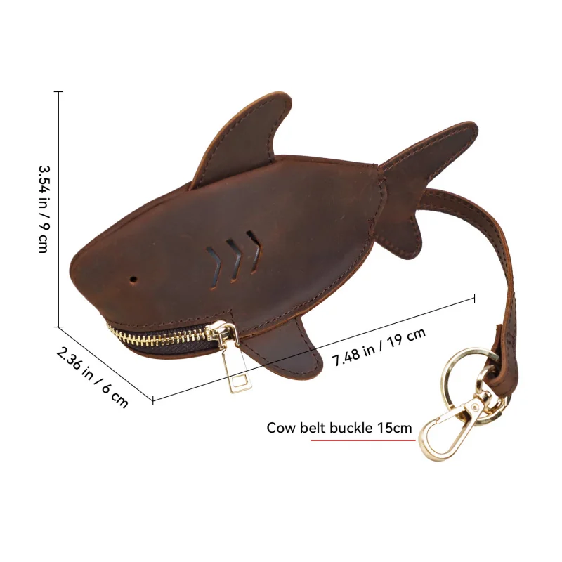 Creative Crazy Horse Leather Keycase - Portable Universal Shark-Themed Key Holder with Personalized Pocket Pendant