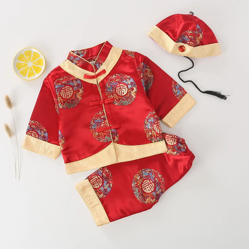 Baby Tang Suit New Year 3-Piece Set for Baby One Year Old Full Moon Dress Birthday Party Exquisite Jacquard Embroidery