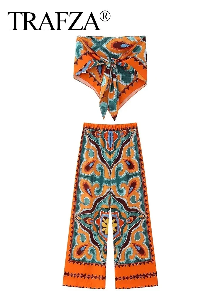 HH Women Pants Set Vintage Print Back Bow Tie Strapless Bustier Tops + Drawstring Trousers Female Chic Streetwear Pant Suits