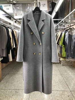 Cappotto bifacciale in lana 100% di fascia alta lungo donna allentato doppiopetto manica lunga con lacci in vera lana tinta unita autunno inverno 1