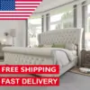 NEW King Size Platform Bed Frame, Chenille Upholstered Sleigh Bed with Scroll Wingback Headboard & Footboard/Button Tufted 1