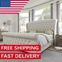 NEW King Size Platform Bed Frame, Chenille Upholstered Sleigh Bed with Scroll Wingback Headboard & Footboard/Button Tufted 1