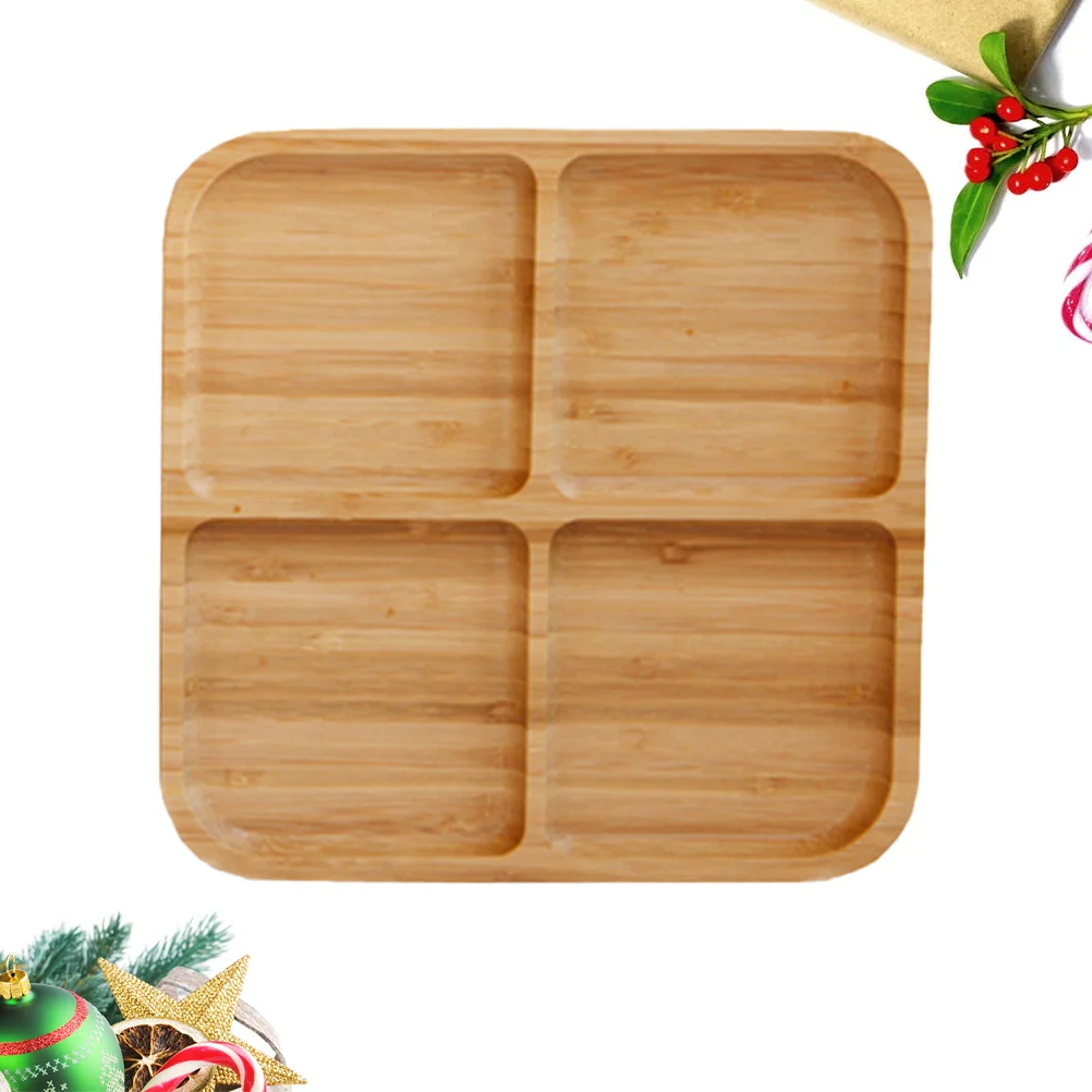 Rectangle 4 Grids Bamboo Snack Plate Fruit Tray Bread Dishes Dessert Platter Serving Plates Kitchen Dining Bar