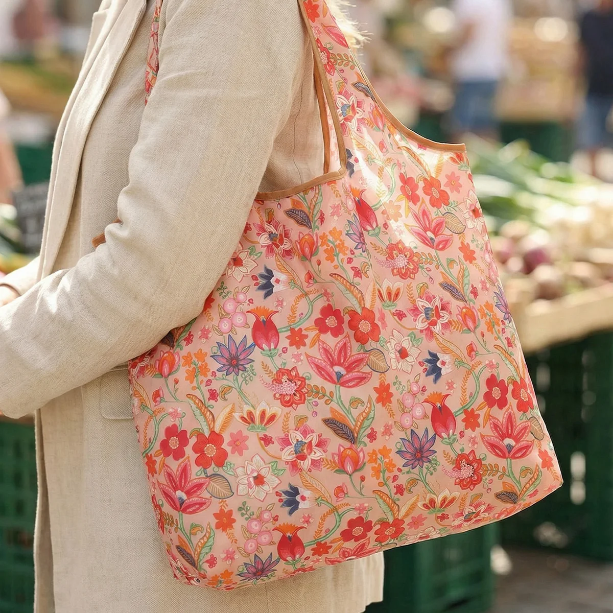 Eco-Friendly Foldable Red Floral Reusable Shopping Tote Bag