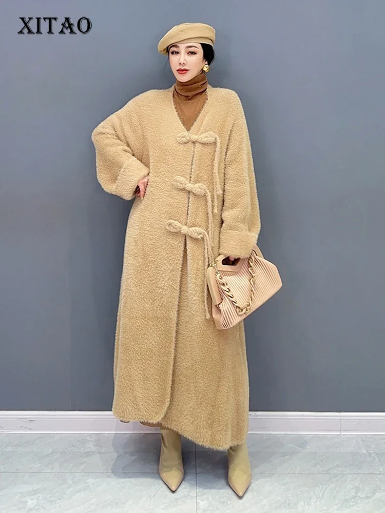 

XITAO V-neck Single Breasted Loose Cardigan Vintage Solid Color Mid-calf 2023 Autumn New Arrival Casual All Match ZZ0071