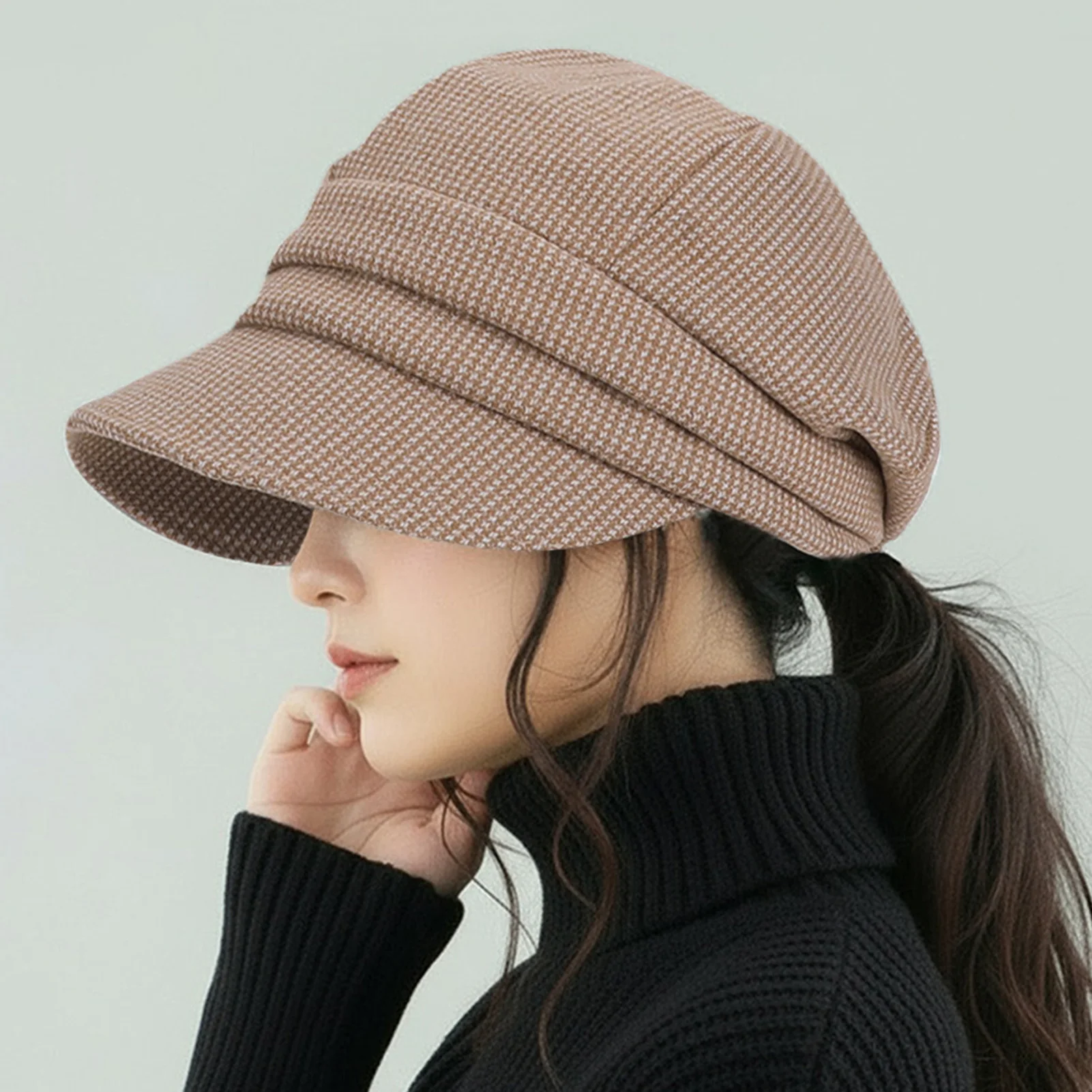 Damen-Baskenmütze im britischen Stil, Einheitsgröße, Strickmütze mit Gehörschutz, warmer Winter-Retro-Eimerhut für kaltes Wetter – Detail 5