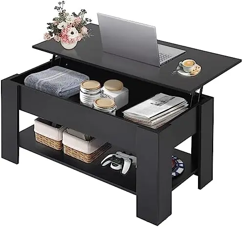 

Top Coffee Table, Living Room Tables with Storage Shelf & Hidden Compartment, Black Coffee Tables for Living Room, Reception