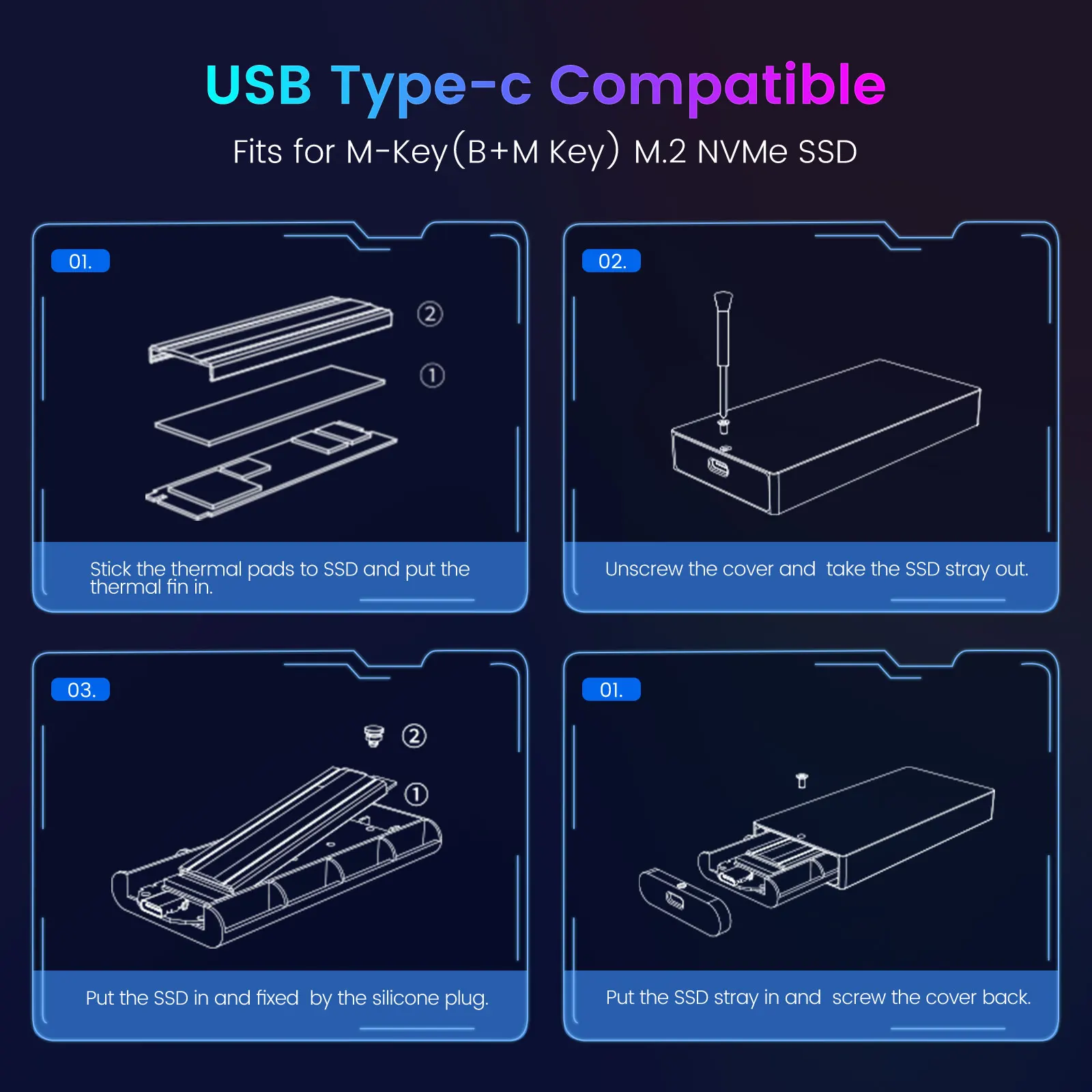 Orico Rgb 10gbps m2 Nvme Ssd Gabinete de Alumínio Usb3.1 Gen2 Case para m Chave m & b Chave Unidade de Estado Sólido para Edição de Vídeo Gamer - Imagem 4