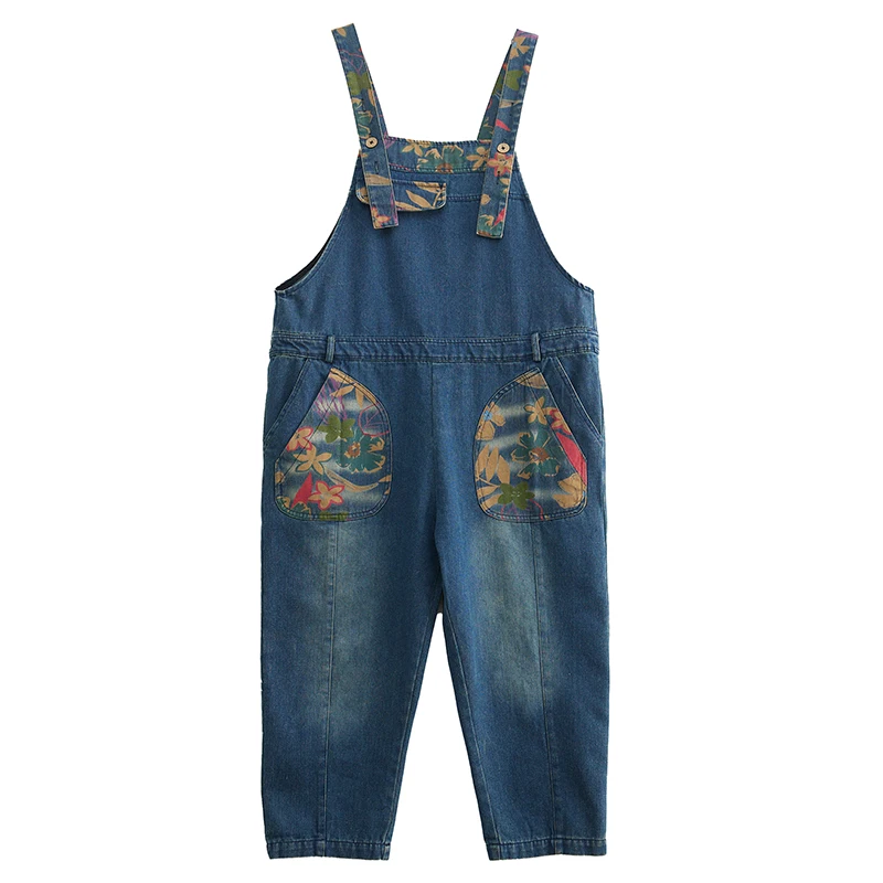 Cotton Denim Overalls Printing Pockets Sleeveless Summer Fashion Denim Jumpsuits Loose Design