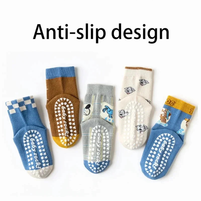 5 Pairs Children's Cotton Socks 1-12Ys Mid-tube Dispensing Floor Playground Non-slip Socks Trampoline Toddler Socks 2