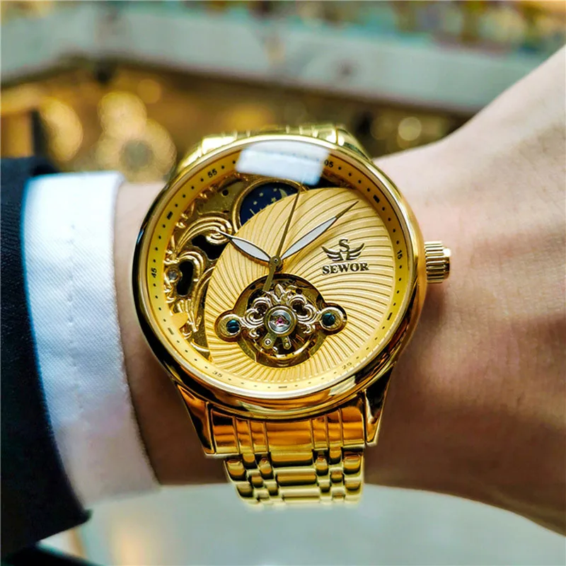 

2023 New SEWOR Watch Men Gold Tourbillon Watches Men Moon Phase Automatic Self-Wind Mechanical Wristwatches Men Reloj Hombre