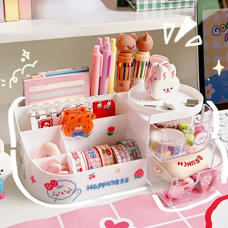 Kawaii Desktop Pen Holder for Girls Cute Storage Box Organizer Stationery Holder Pencil Holders Back To School Desk Accessories pen holder desk organizer pen and brush holder