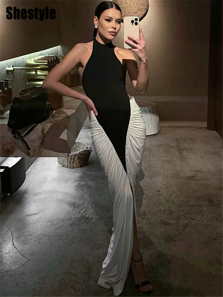 Shestyle Patchwork Long Women Pencil Dress for Party Scoop Back Halter  Sleeveless Pleated Black Slim Date Outfits Summer Ball - AliExpress  200000345