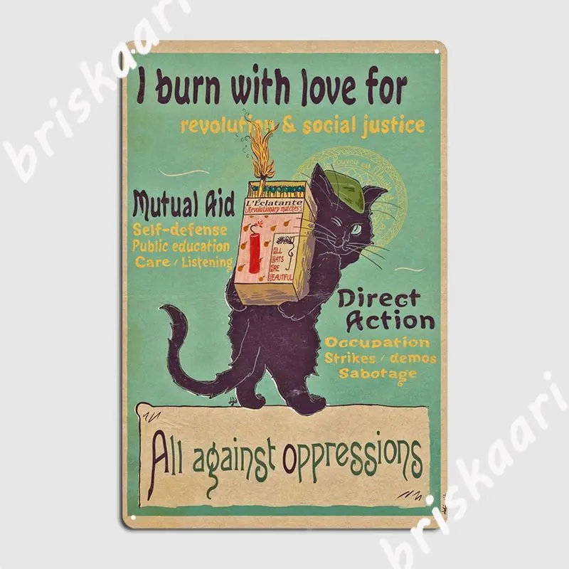 

Burn With Love For Revolution Art Nouveau Cat Metal Plaque Poster Club Wall Decor Pub Garage Funny Tin Sign Posters