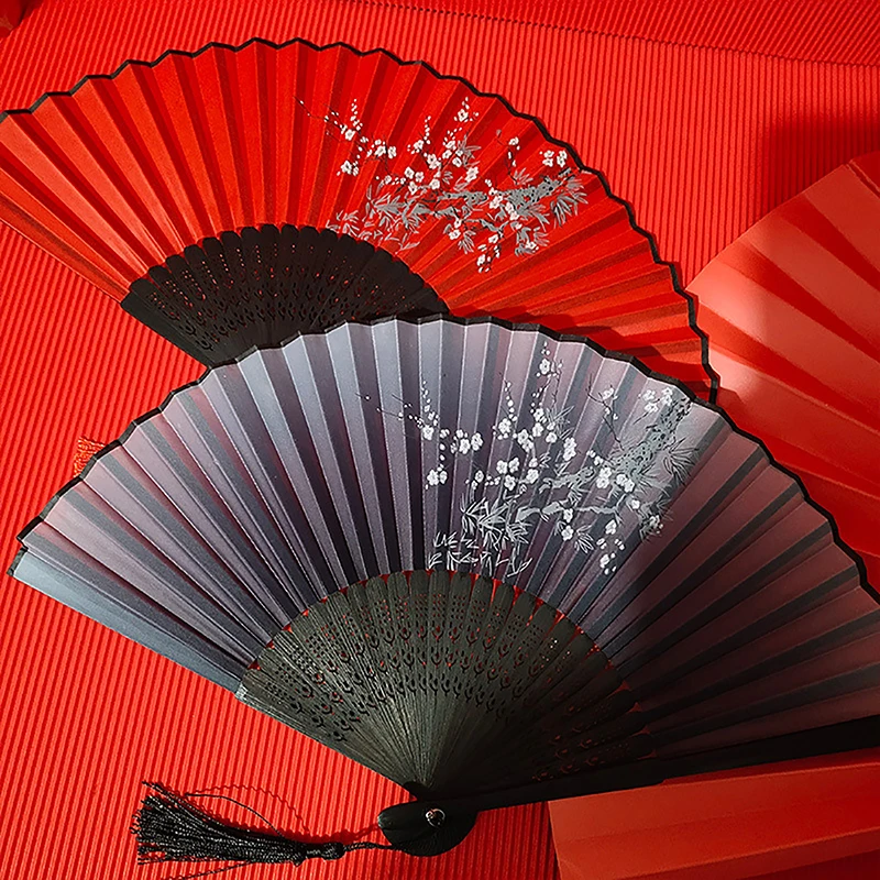Vintage Chinese Style Folding Fan bamboo hand fan Wooden Shank Classical Dance Fan Tassel Elegent Female Home Decor folding fan hand fan wooden hand fan