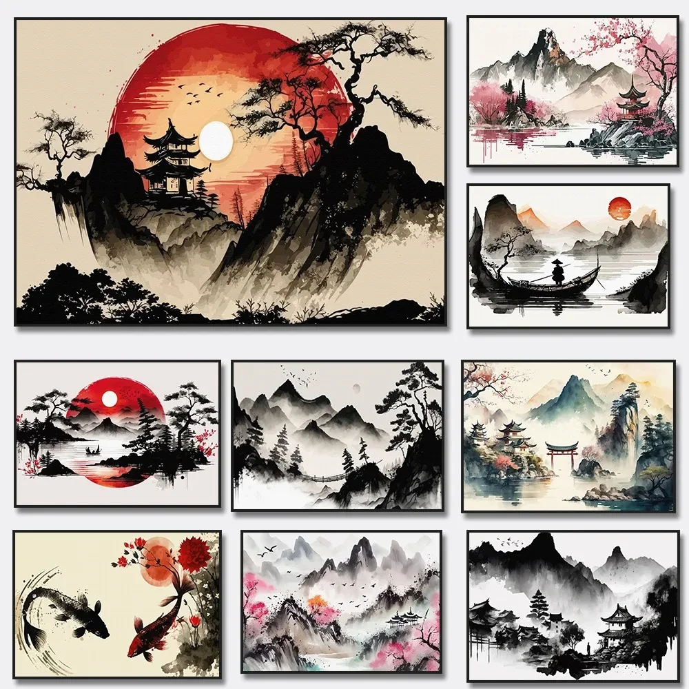 Chinese Landscape Birds Forest Mountain River Koi Carp Fish Ink Art Poster Canvas Painting Wall Art Prints Picture Home Decor 1