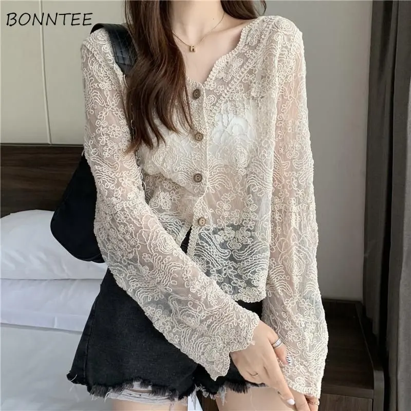 

Lace Long-sleeve Shirts Women Sun-proof Thin Breathable Loose Casual Holiday French Style Tender Vintage Female All-match Chic