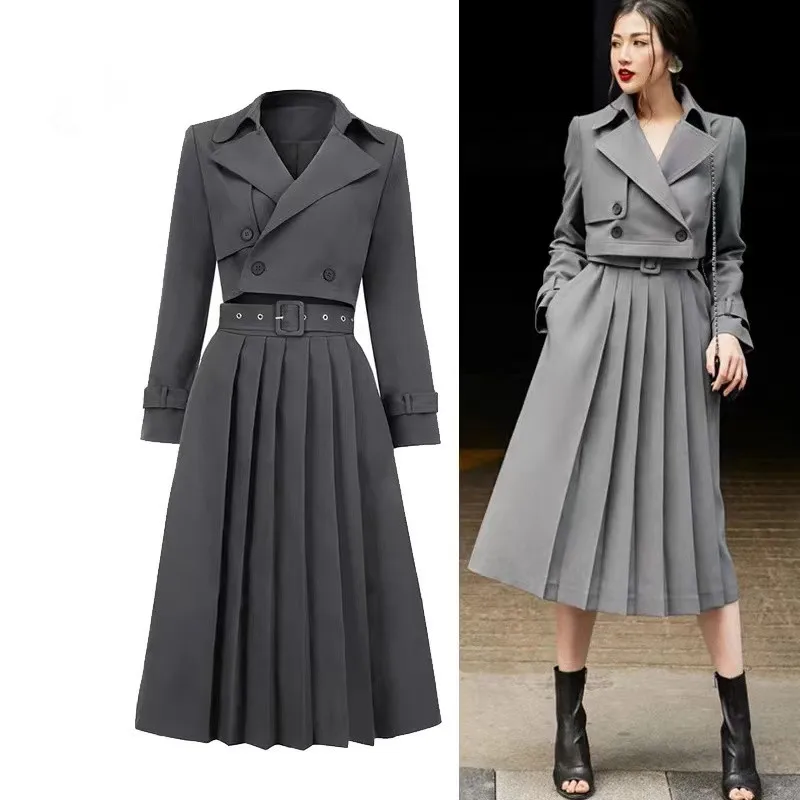 

JSXDHK Runway High Quality Autumn Office OL 2 Piece Set Women Notched Collar Short Blazer Coat + Belt Midi Pleated Skirts Suit