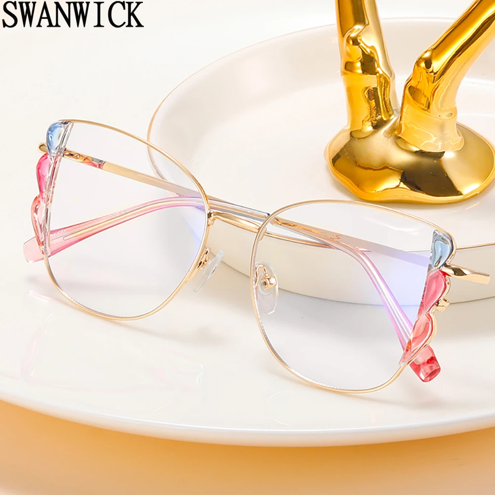 

Swanwick blue light blocking glasses cat eye candy color metal glasses frames for women black leopard clear lens hot selling