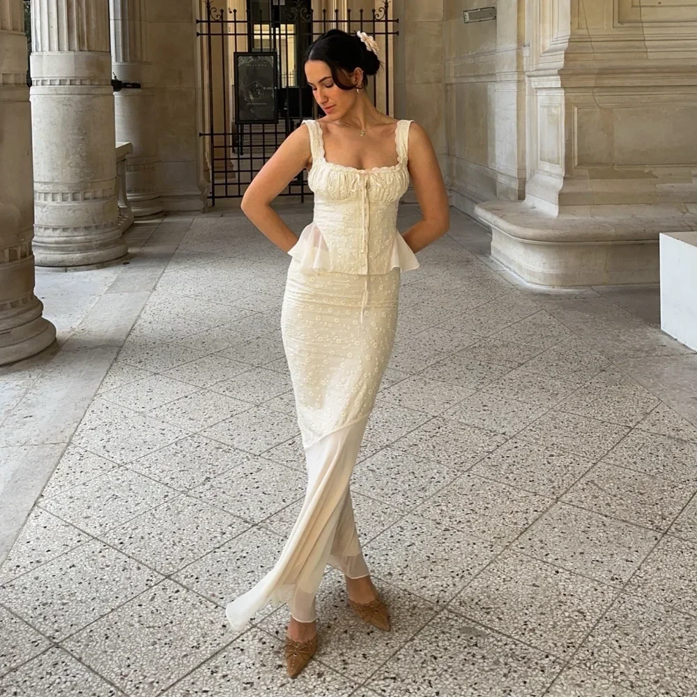 Minigmingxi 2024 New in Summer 2 Piece Dress Set Elegant and Beautiful Dresses Set Beige Long Matching Set Sexy Mermaid Skirt 2